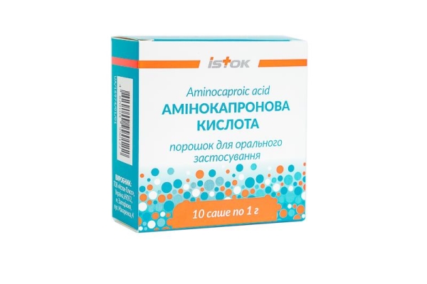 АМІНОКАПРОНОВА КИСЛОТА порошок для орального застосування по 1 г у саше, по 10 саше у коробці з картону